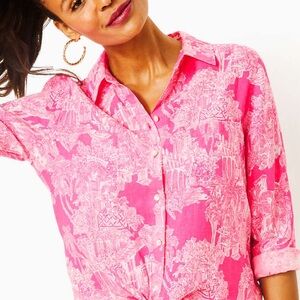 LILLY PULIZTER Sea View Linen Button Down Top Roxie Pink Pb Anniversary Toile XL